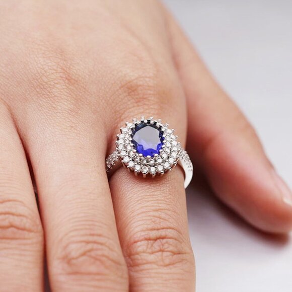Elegant Blue 925 Silver Plated Oval Sun Flower Royal Ring for Women, V… - Picture 3 of 8